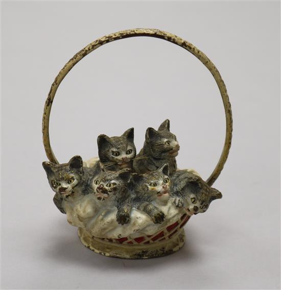 A cold painted bronze figure cats in basket